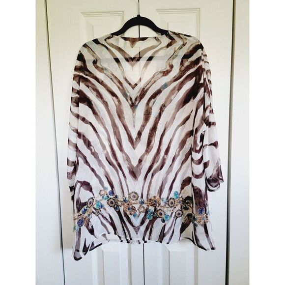 Chicos 1 Sheer V~Neck Top Animal Print‎ w/Brown &  Turquoise Border Jewel Design - Picture 2 of 6